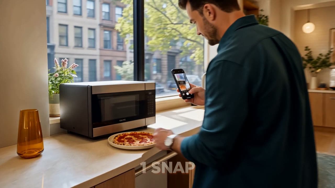 Snapping a photo of leftover pizza in front of a microwave